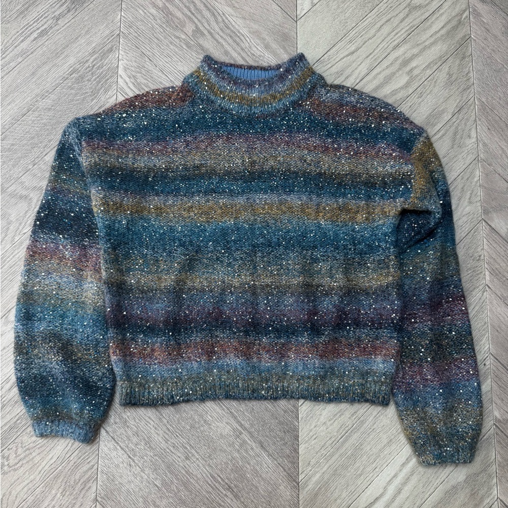 Banana Republic Blue and Brown Striped Turtleneck Sweater